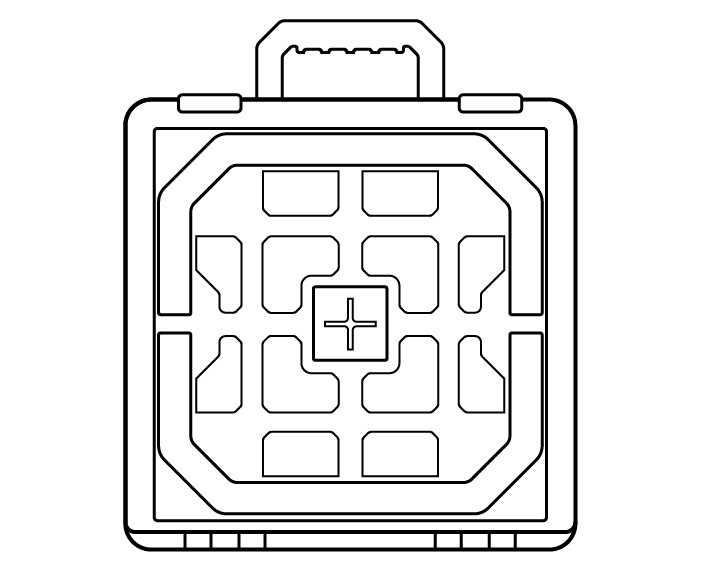 Line drawing of a handled modular crate or storage case with a front panel design.