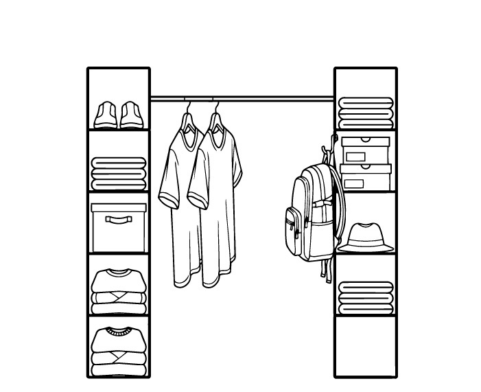 Line drawing of a modular closet setup with shelves, hanging clothes, folded items, shoes, and a backpack.