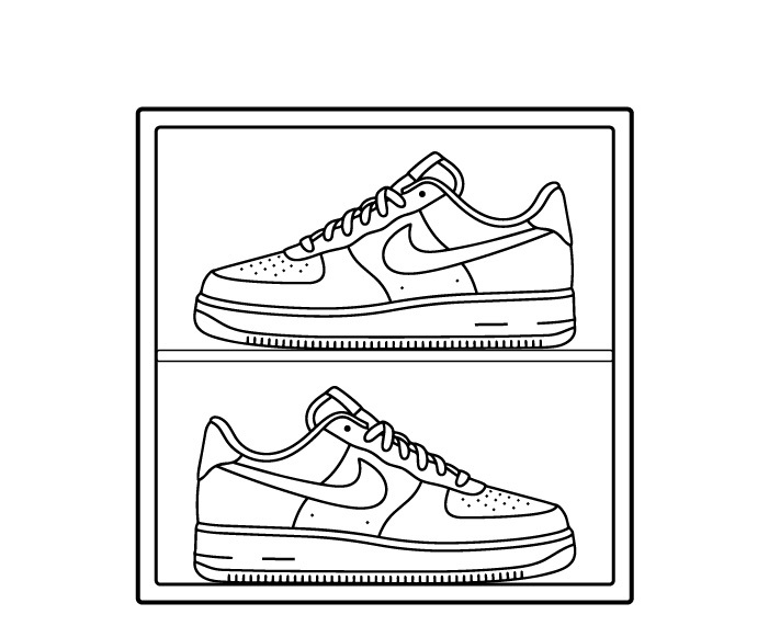 Line drawing of two pairs of sneakers displayed inside modular shoe storage shelves.