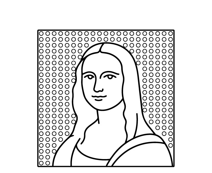 Line drawing of a PixelPanel™ portrait design built on a studded pixel art grid.