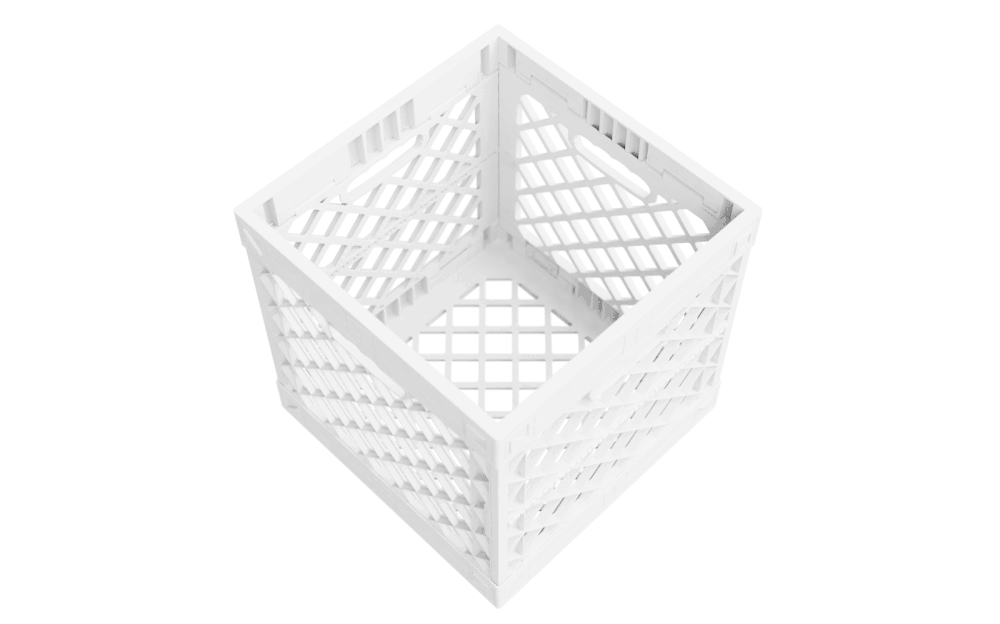 Animated GIF showing black CrateFins being installed vertically into the side grid of a white UC02 lidless UbeCube crate.