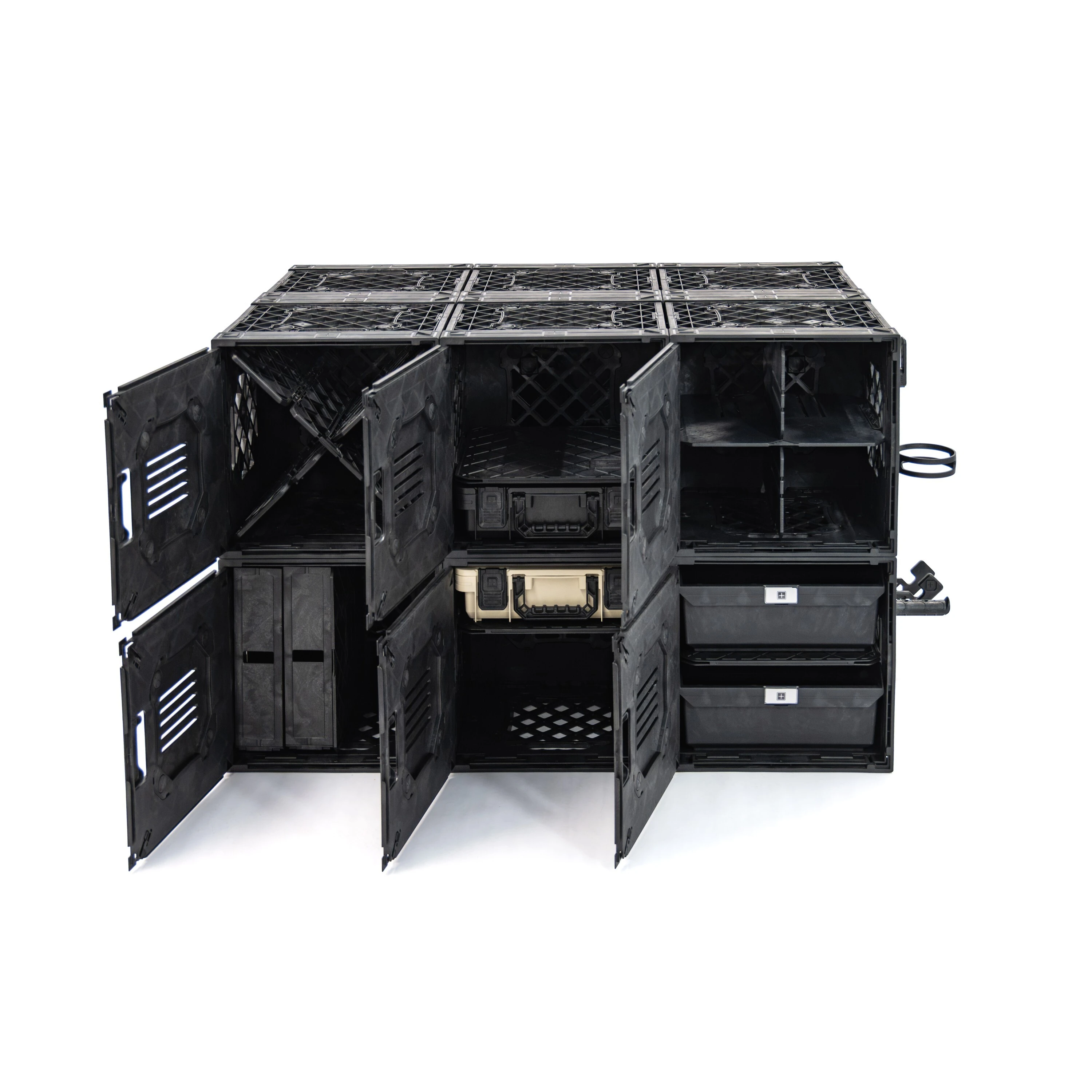 UbeCube modular storage bench with six open locker panels showing internal shelves, bins, dividers, and organized storage