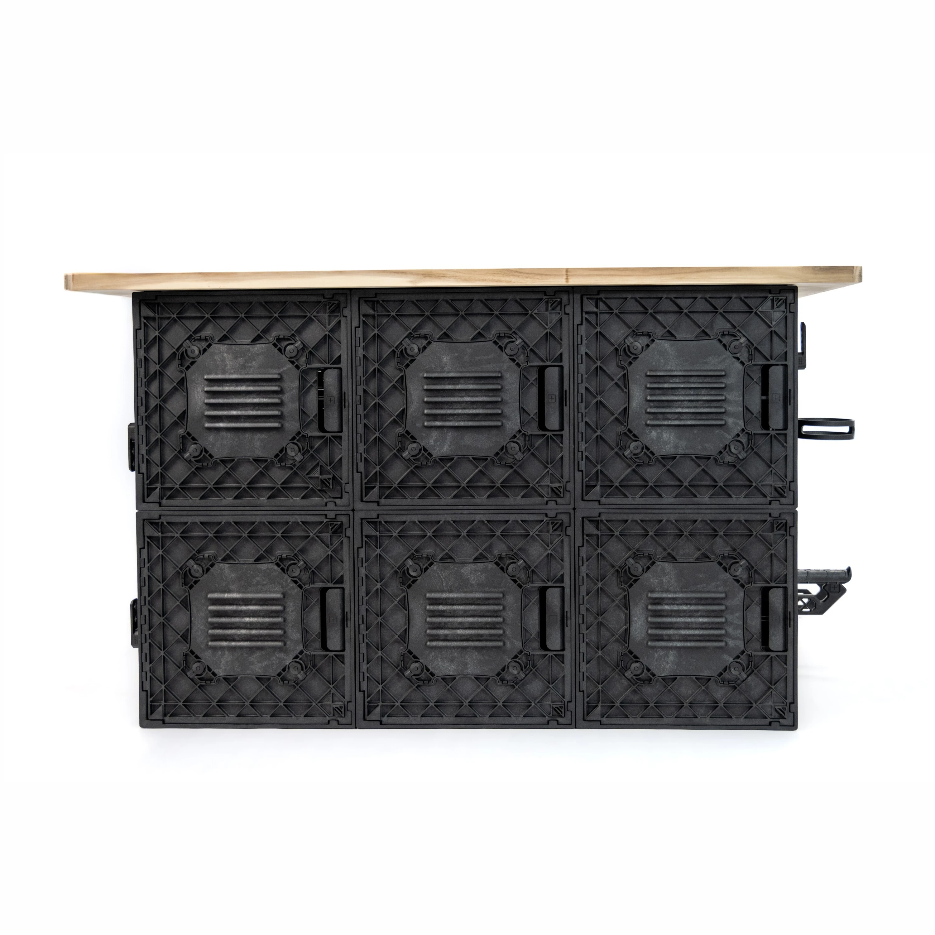 UbeCube modular six-crate storage bench with wood tabletop and six closed locker-style MOD panels