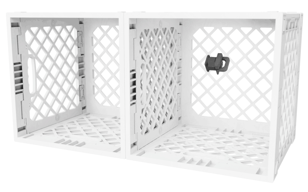Animated GIF two white ubecube crates being connected together by a D-Ring Connector.