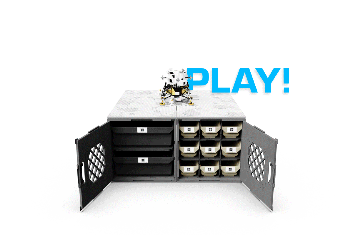 Animated GIF showcasing different UbeCube modular crate builds, including a TV stand, storage tower with bins and shelves, entryway organizer, and LEGO play station — highlighting the versatility of the UbeCube system.