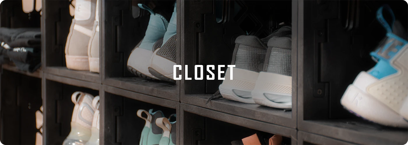 UbeCube modular closet setup with stacked crates and CrateShelves neatly organizing sneakers and folded clothing, labeled ‘CLOSET’.