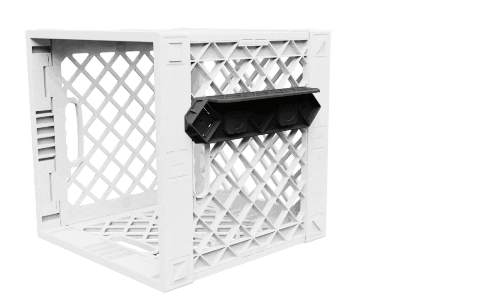 Animated GIF showing a black Rod Extension and rod being installed into the ClosetStrip on the side of a white UC02 Lidless UbeCube crate.