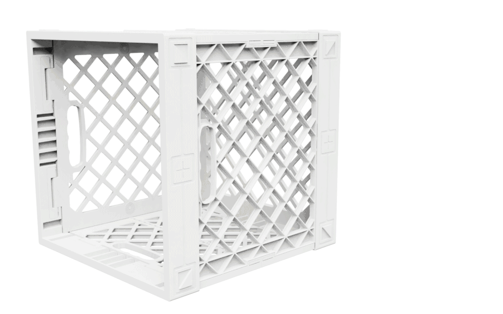 Animated GIF showing RodSnaps being installed and quarter-turned into the side grid of a white UC02 lidless UbeCube crate with 1.25" diameter closet rods snapping into the RodSnaps.