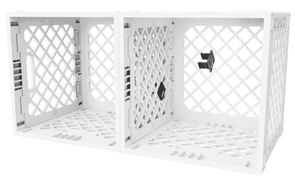 Animated GIF showing a black Snap-Fit Connector being installed between two white UC02 lidless UbeCube crates to secure them side by side.