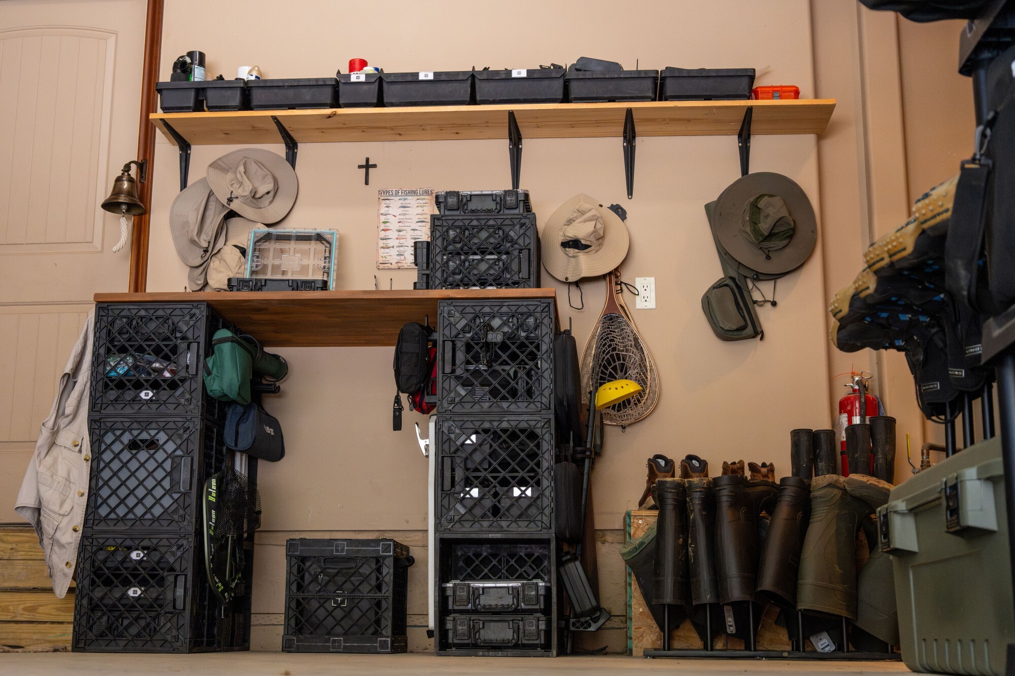 CrateWhite TackleStack fishing gear organization system installed in a garage