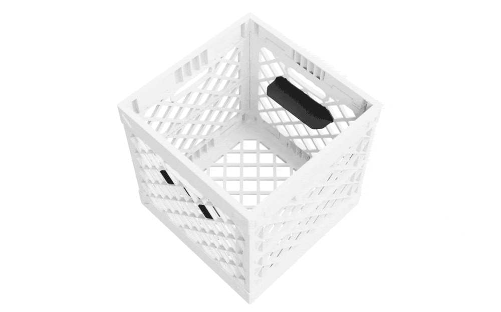 Animated GIF showing a single black Tradesman tray being installed inside a white UC02 lidless UbeCube crate.
