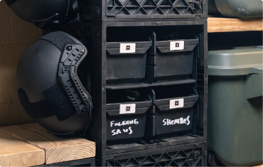 Black CratePlay™ modular crate cabinet with wood tops, coffee gear, dishes, and kitchen storage accessories.
