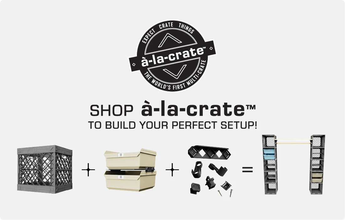 Black CratePlay™ modular crate cabinet with wood tops, coffee gear, dishes, and kitchen storage accessories.