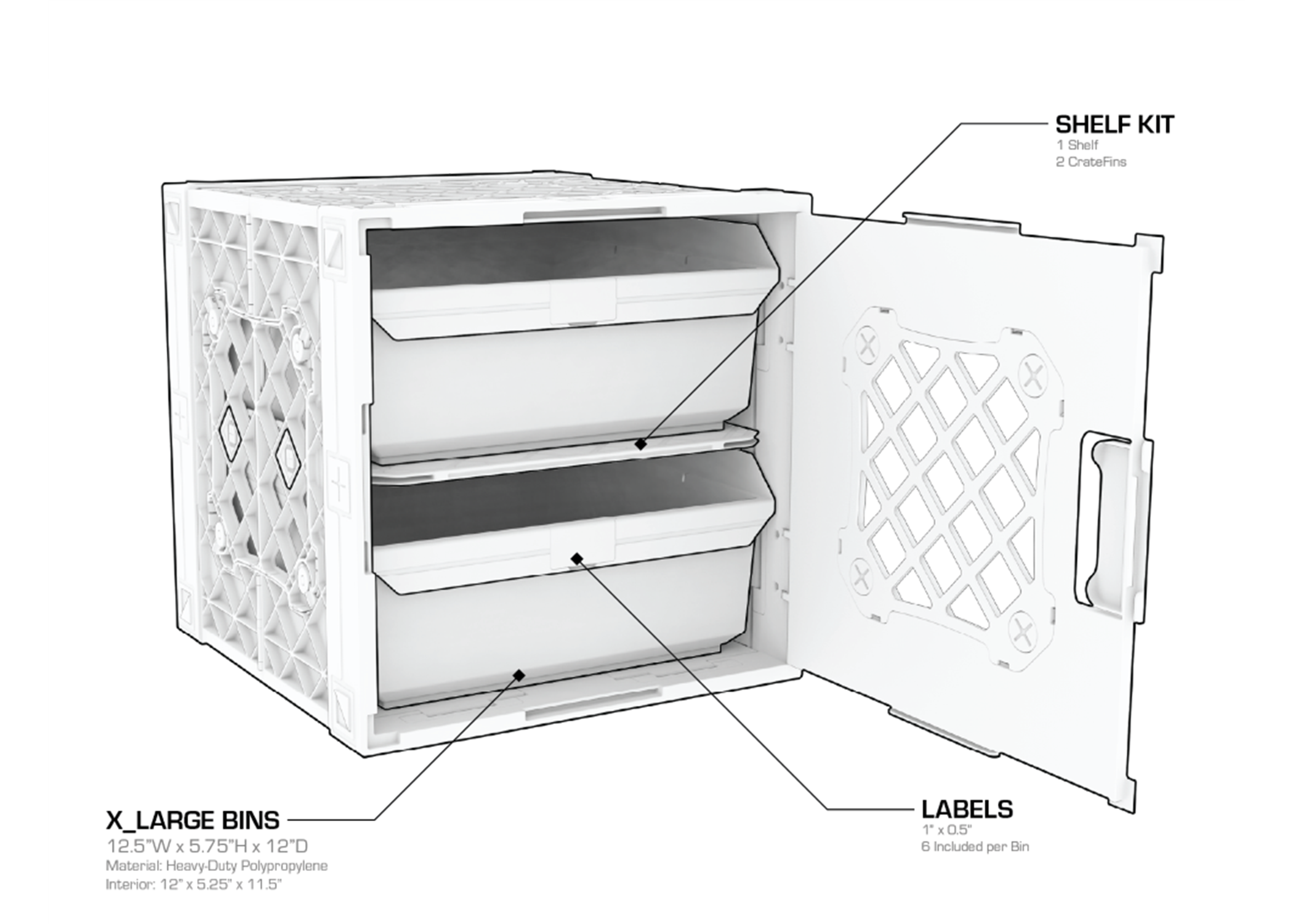 specs of kit of bins which fit in storage crate 