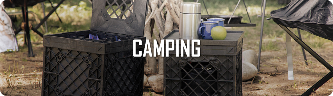 Two UbeCube crates used as storage and a camp table setup with mugs and a thermos at a campsite. Text on image reads "Camping"