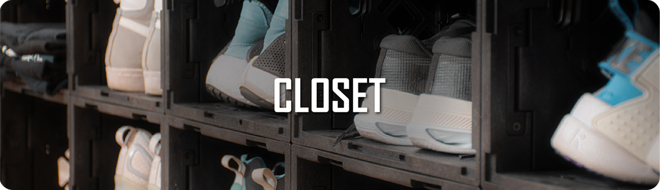 UbeCube modular closet setup with stacked crates and CrateShelves neatly organizing sneakers and folded clothing, labeled ‘CLOSET’.