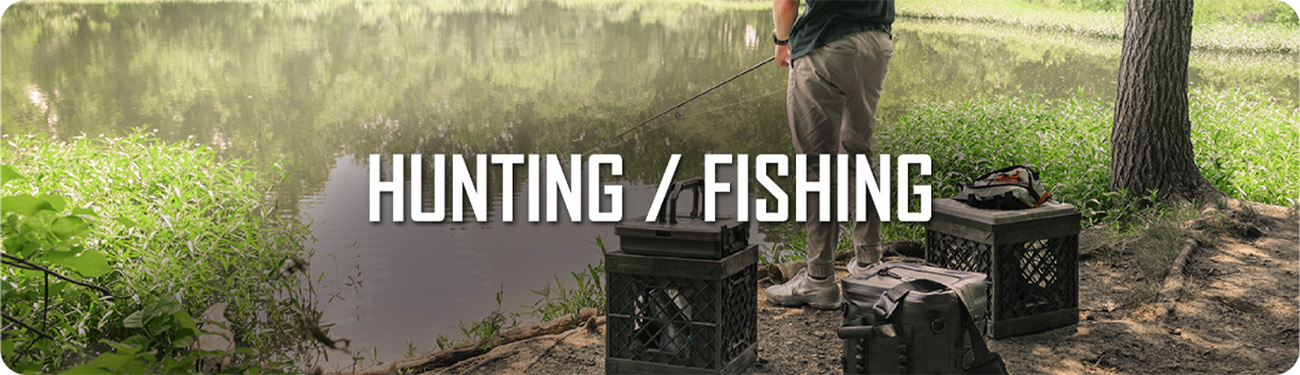 Person fishing by a lake with UbeCube crates and cooler bag used for organizing tackle and outdoor gear. Overlayed Text on image reading "Hunting / Fishing"