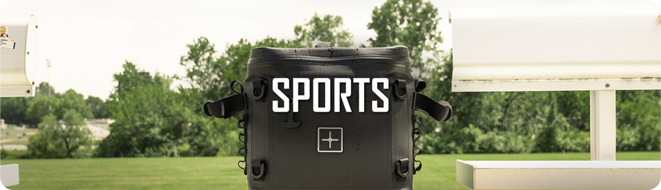 UbeCube cooler bag placed on a sports field sideline bench for organizing drinks and gear. Text on image reads "Sports"