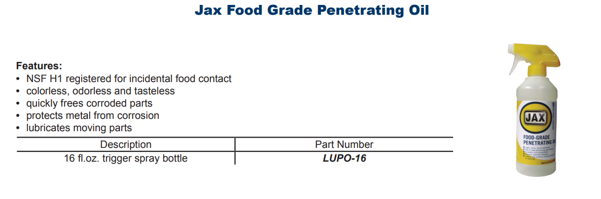 Jax Food Grade Penetrating Oil - Sanitary Stainless Valves & Fittings