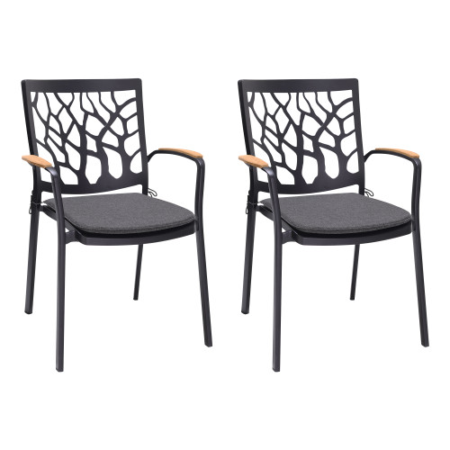 LCPDCHBL Portals Outdoor Patio Aluminum Chair In Black With Natural Teak Wood Accent-Set Of 2