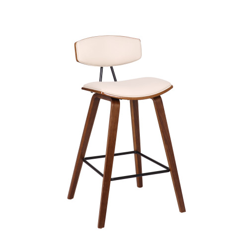 LCFOBAWACR26 Fox 26" Mid-Century Counter Height Barstool In Cream Faux Leather With Walnut Wood