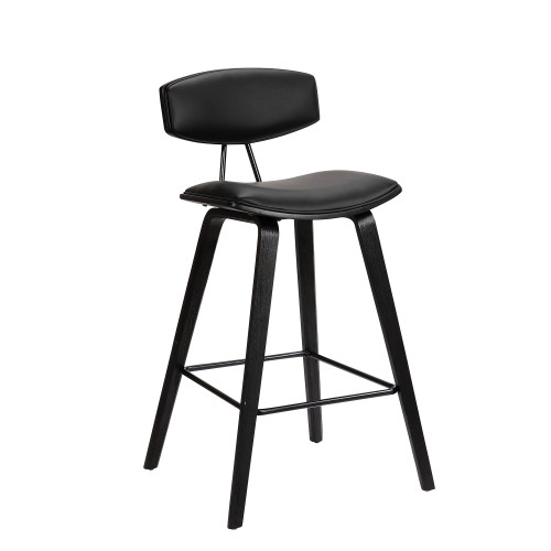 LCFOBABLBL30 Fox 30" Mid-Century Bar Height Barstool In Black Faux Leather With Black Brushed Wood