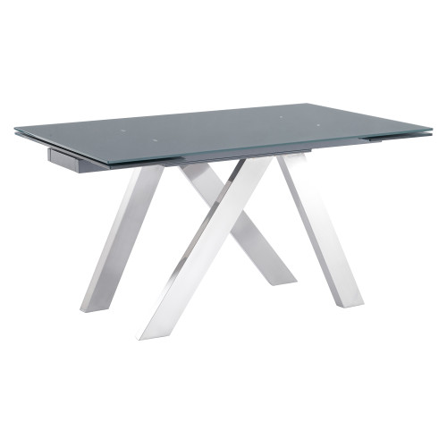 LCACDIGR Ace Contemporary Extension Dining Table In Grey Powder Coated Finish With Brushed Stainless Steel And Grey Tempered Glass Top