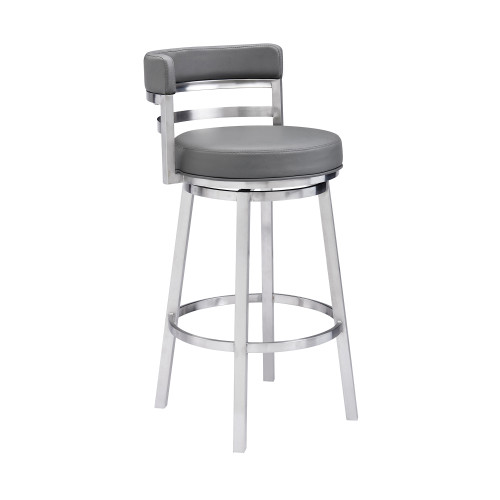LCMABABSGR30 Madrid Contemporary 30" Bar Height Barstool In Brushed Stainless Steel Finish And Grey Faux Leather