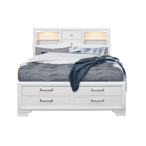 White Rubberwood Queen Bed With Bookshelves Headboard Led Lightning 6 Drawers (383794)