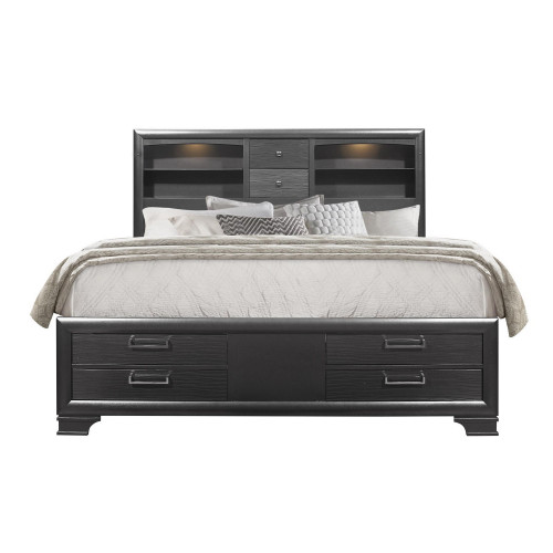 Grey Rubberwood Bed With Bookshelves Headboard Led Lightning 6 Drawers (383798)