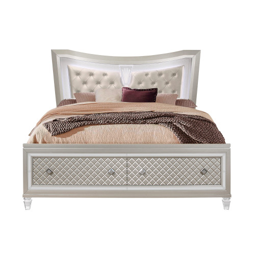 Champagne Tone Queen Bed With Padded Headboard Led Lightning 2 Drawer (383810)