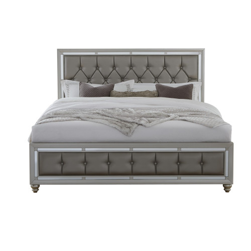 Silver Champagne Tone King Bed Padded Headboard Padded Footboard Mirror Trim Accents (383837)