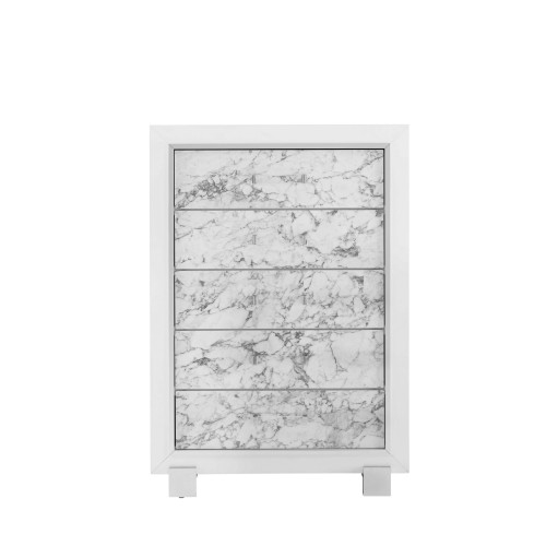 Modern White Chest With 5 Faux Marble Detailed Front Drawer. (384038)