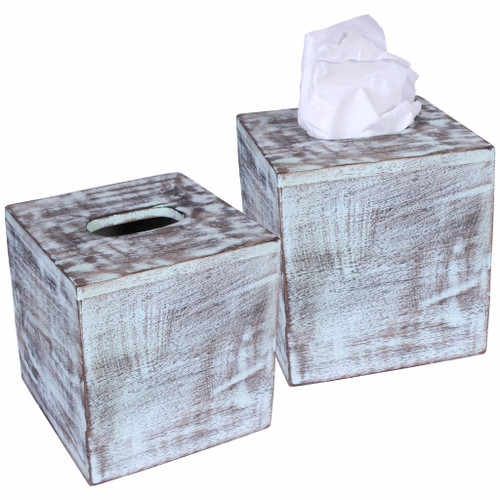 (Set Of 2) Rustic Green Washed Mango Wood Square Tissue Holders (384074)
