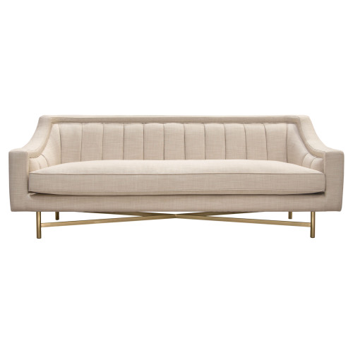 Croft Fabric Sofa In Sand Linen Fabric W/ Accent Pillows And Gold Metal Criss-Cross Frame By Diamond Sofa CROFTSOSD