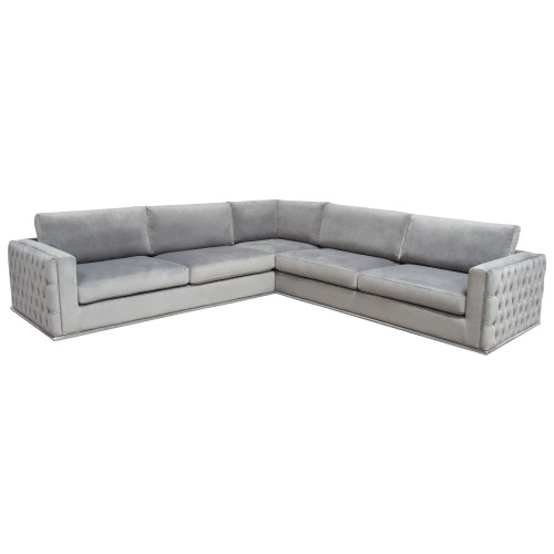 Envy 3Pc Sectional In Platinum Grey Velvet With Tufted Outside Detail And Silver Metal Trim By Diamond Sofa ENVY3PCSECTGR