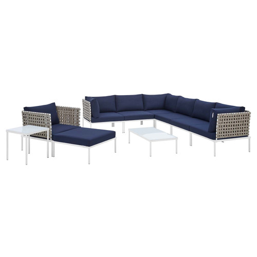 Harmony 10-Piece Sunbrella Basket Weave Outdoor Patio Aluminum Sectional Sofa Set EEI-4951-TAN-NAV-SET