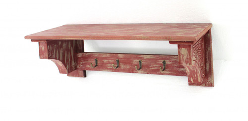 8" X 30" X 9.75" Red, Vintage Wooden, 4 Metal Hooks - Wall Shelf (274518)