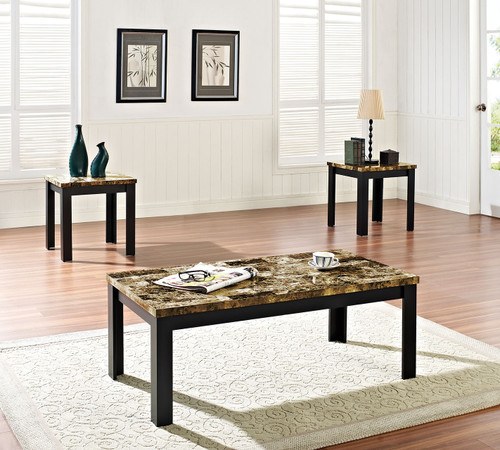 1" X 1" X 48" 3Pc Dark Brown Faux Marble And Black Pack Coffee And End Table Set (285355)