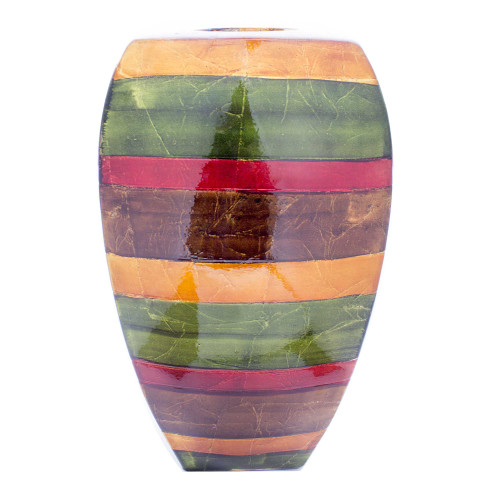 10" X 7" X 18" Green Red Brown Copper Ceramic Lacquered Striped Large Tapered Modern Vase (354511)