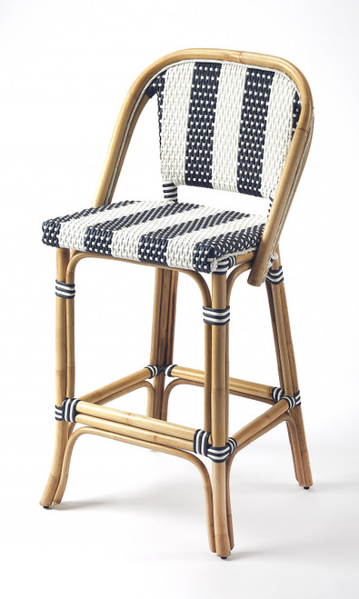Blue And White Striped Rattan Bar Stool (389048)