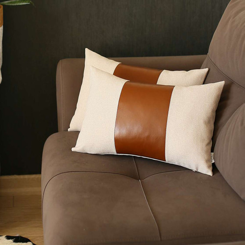Set Of 2 Brown Faux Leather Lumbar Pillow Covers (392780)