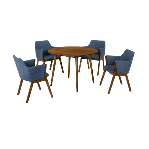 Arcadia And Renzo 42" Round Blue And Walnut Wood 5 Piece Dining Set (SETARDI5REWABLU42)