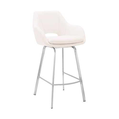 Aura White Faux Leather And Brushed Stainless Steel Swivel 30" Bar Stool (LCAUBABSWH30)