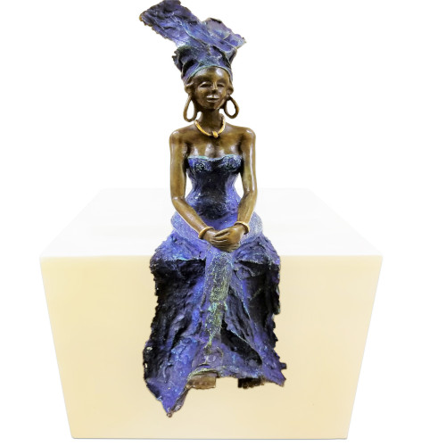 Vintage Bronze West African Blue Dress Woman Sculpture (390053)
