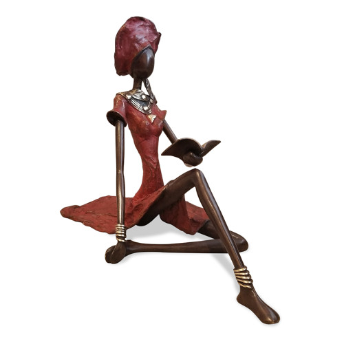 Vintage Bronze Seated West African Woman Reading Sculpture (390054)