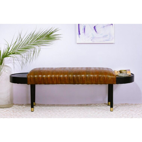 Warm Brown Leather And Solid Wood Bench (391925)