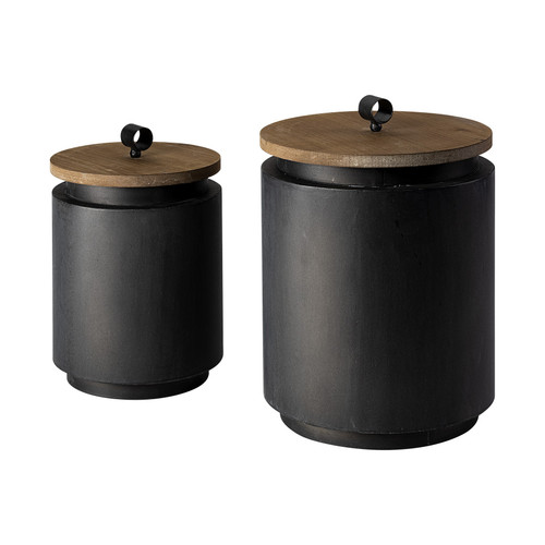 Set Of Two Gray Metal Cannisters With Wooden Lids (392200)