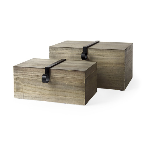 Set Of Two Brown Wooden Boxes With Metal Detailing (392592)
