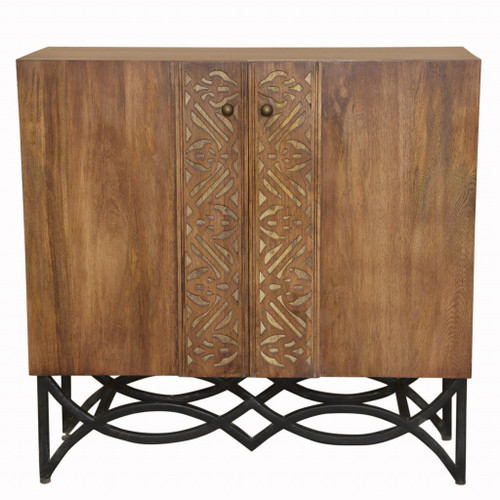 Natural Wood And Black Iron Scroll Double Door Cabinet (394459)